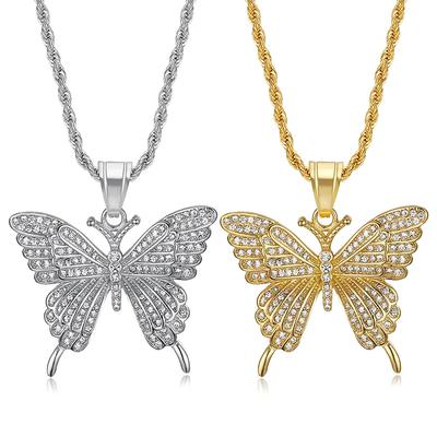 New Stainless Steel Vacuum Electroplated Butterfly Pendant HIPHOP Hip Hop Full Diamond Pendant Necklace