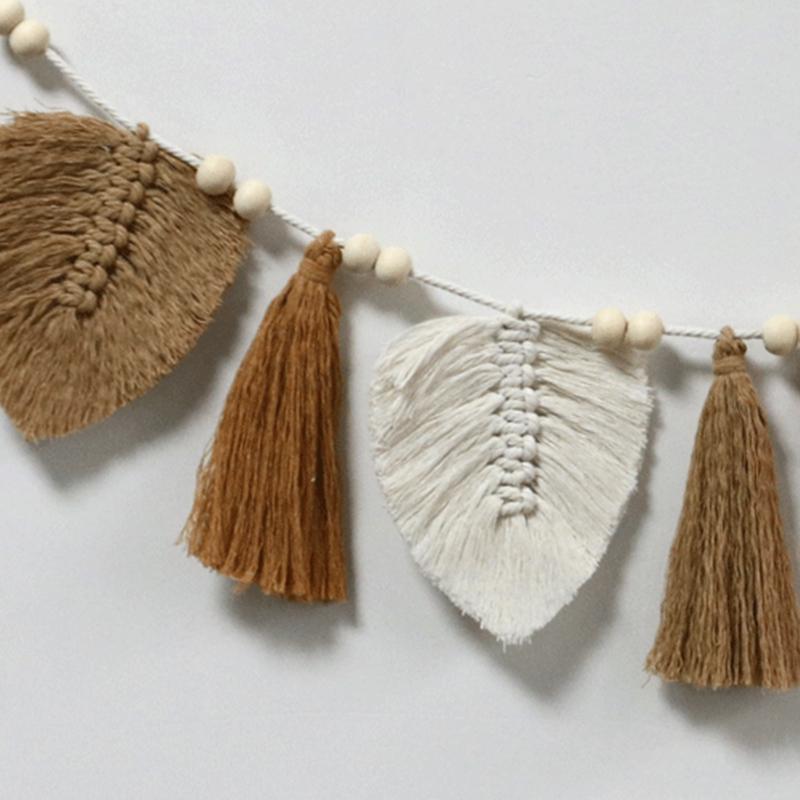 Бохо-листья макраме настенный гобелен хлопковая веревка ручная работа кисточка настенный — фото 6