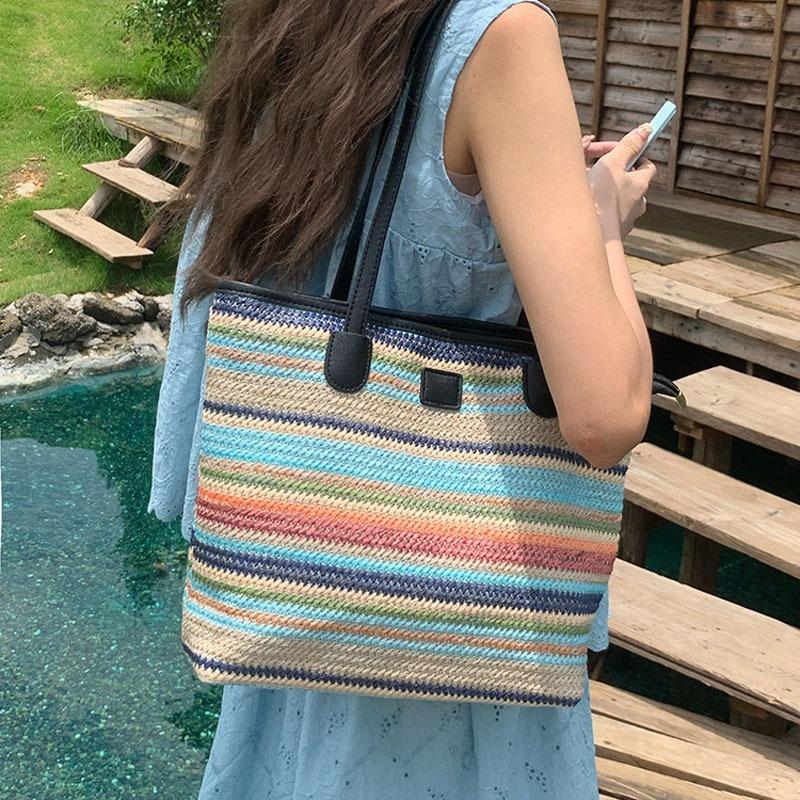 Sommer neue Strohtasche gestreift lässig einfach Umhängetasche große Kapazität Pendlertasche Strandurlaub am Meer