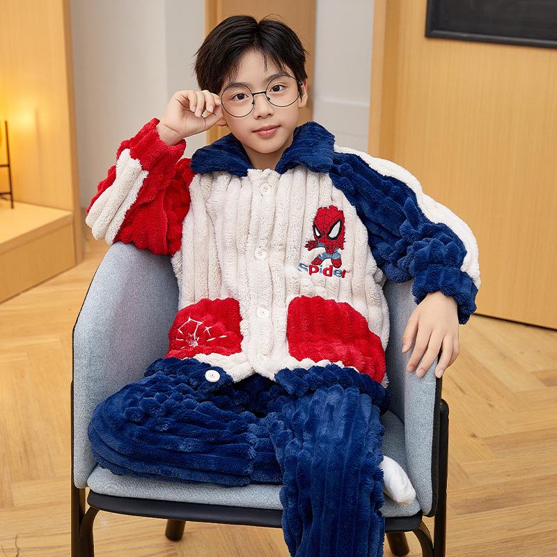 Cute Cartoon Boys' Coral Fleece Pajamas - Cozy Winter Flannel Sleepwear for Kids