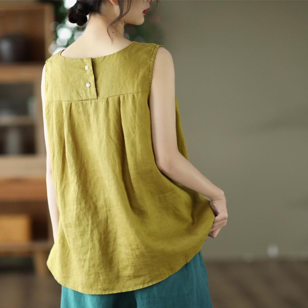 Women Solid Linen Sleeveless Tank Top Round Neck Loose Side Split Casual Vintage Literary Summer Camisole Blouse