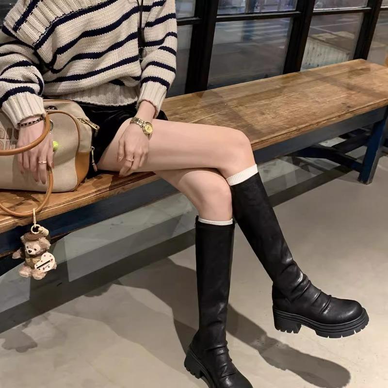 Cowhide Leather Thick-bottomed Pleated Pile Boots Women's Thick Heel Tall Boots Elastic Skinny Boots