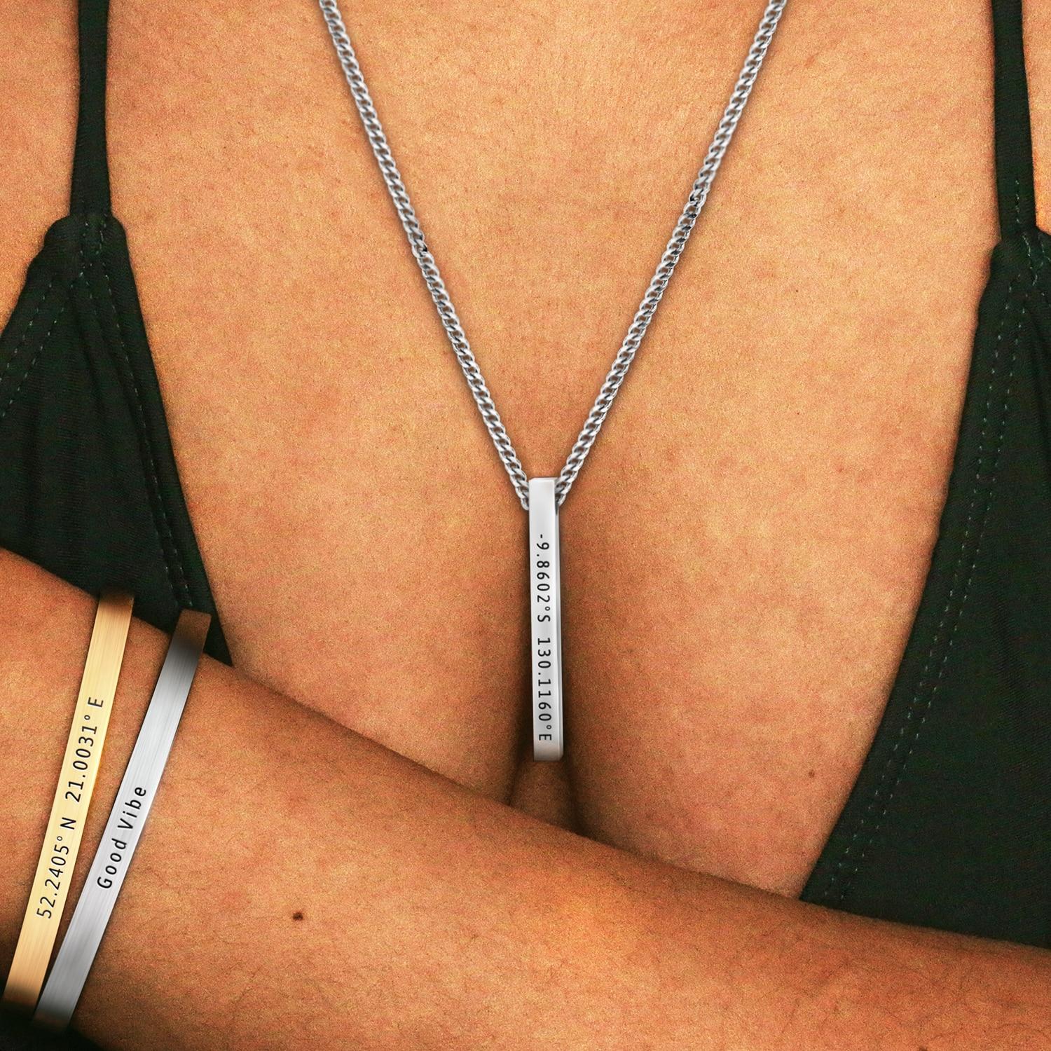 

Ожерелье и браслет с гравировкой, индивидуальное координатное имя для мужчин и женщин, персонализированный подарочный набор украшений с мантрой из нержавеющей стали engrave