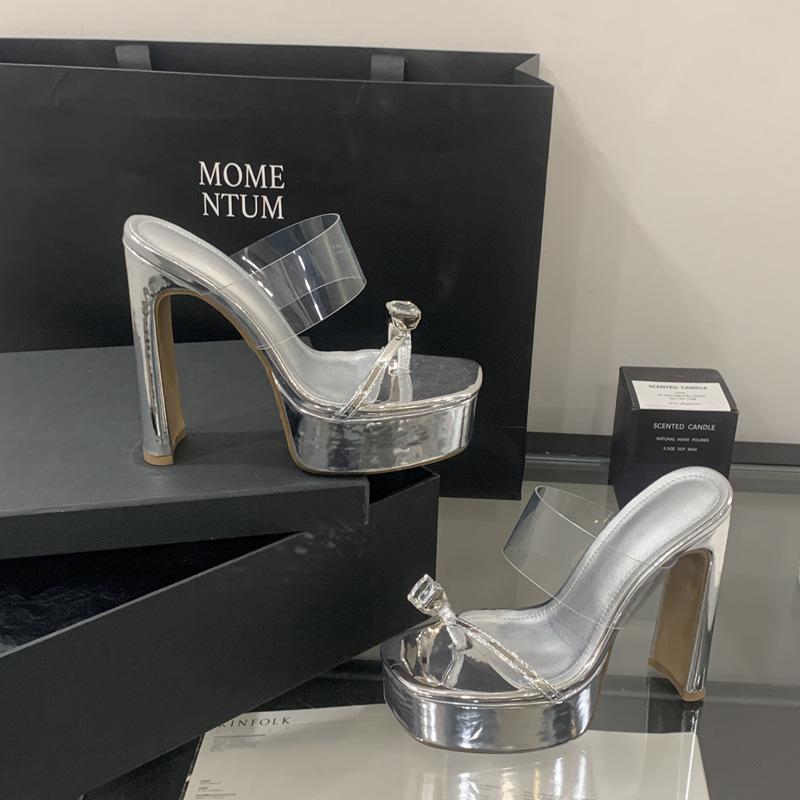 Talons hauts à une pédale pour femmes, nouveaux escarpins à bout carré imperméables à plateforme pour femmes avec boucle à strass couvrant l'orteil, sandales à talon épais