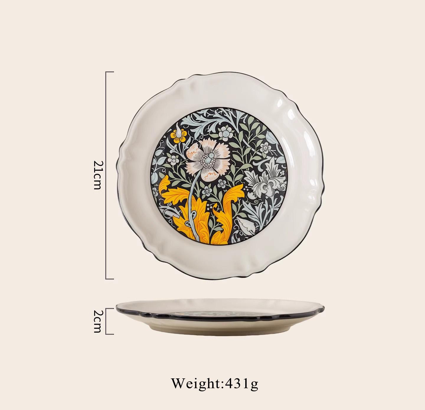 French Style Vintage Ceramic Plates Household 8 Inch High Temperature Applique Aesthetic Dinner Dish High End Kitchen Tableware 8 inches