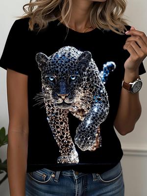 New Women'S Short Sleeve - Women'S Casual Short Sleeve T-Shirt. Luxurious Sparkling Crystal Rhinestone Leopard Print [Printed Design - Not Textur