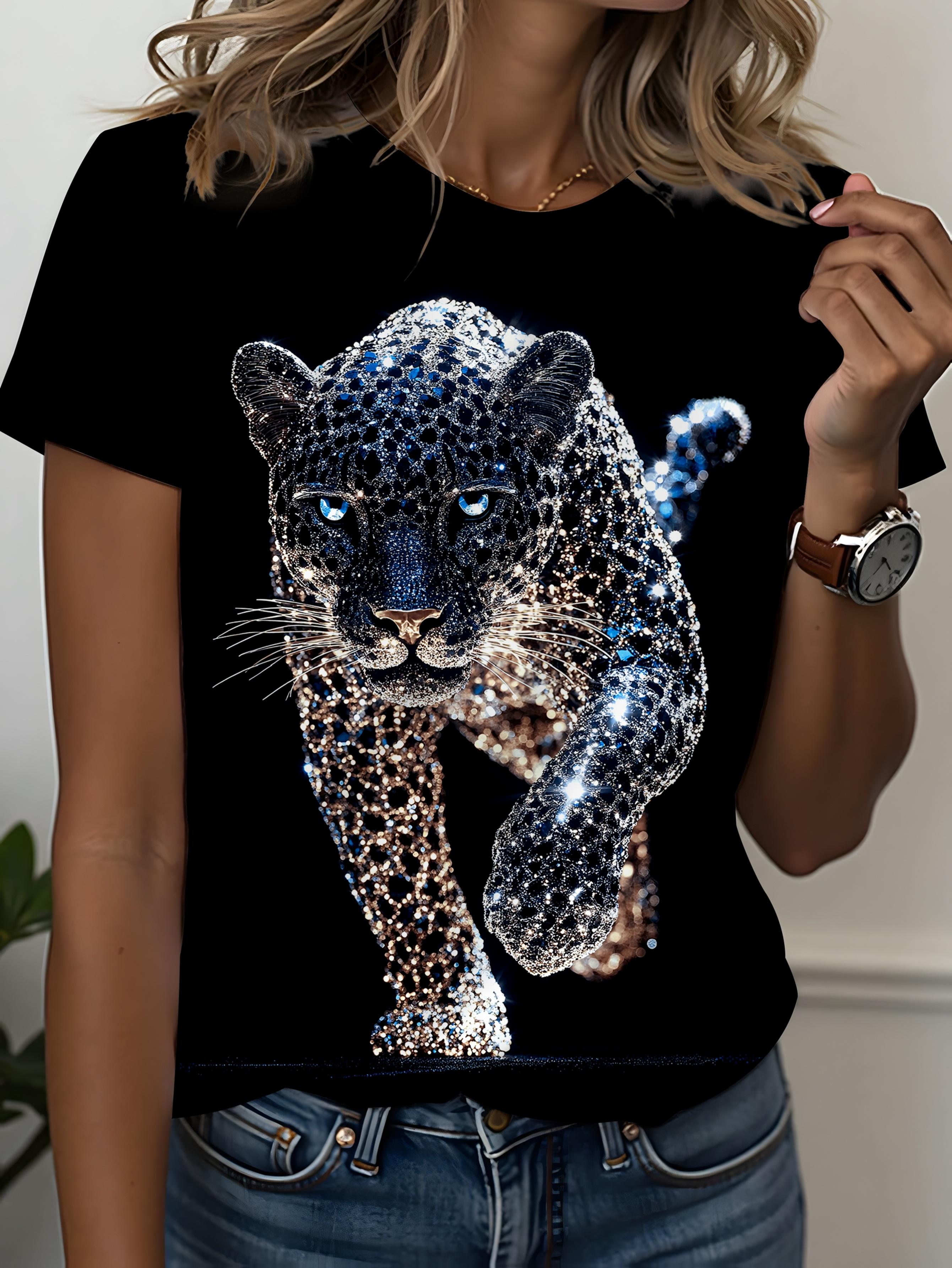 

New Women S Short Sleeve - Women S Casual Short Sleeve T-Shirt. Luxurious Sparkling Crystal Rhinestone Leopard Print [Printed Design - Not Textur 2XL дубильная кора