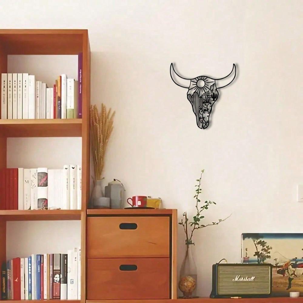 Metal Longhorn Skull Wall Decor, Desert Cactus Silhouette Art, Boho Southwest Home Ornament, Unique Garden Gift