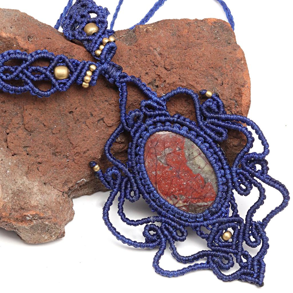 Macrame Red Necklace Jasper Crystal Pendant Handmade Natural Thread Bohemian