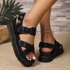 Fashion Fashionable Thick Heel Sandals Women's Large Size Cross Buckle Roman Style Pure Color Round Head Shoes Rubber Bottom Polyurethan