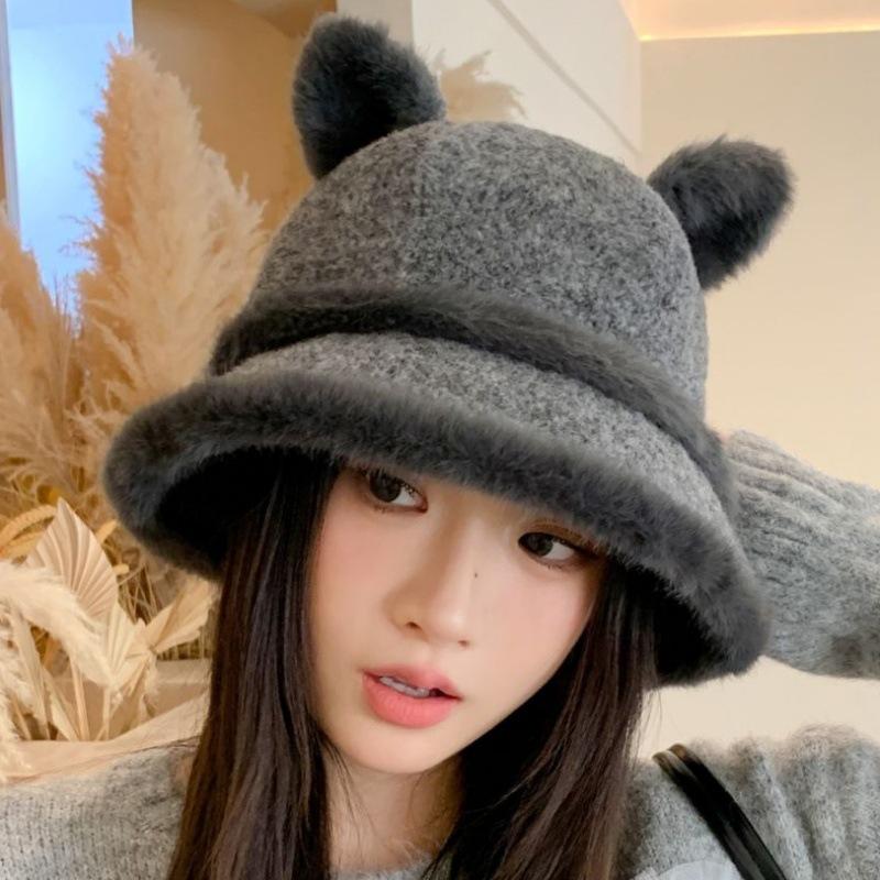 Autumn and Winter Hat Women's High-end Bucket Hat Versatile Plush Basin Hat Cat Ears Cute Warm Plush Hat