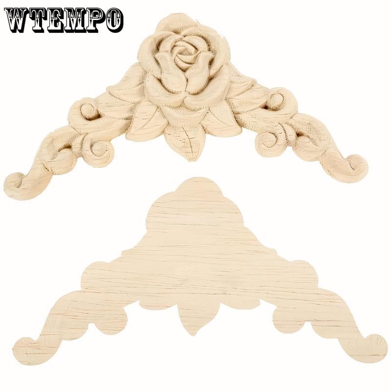 4Pcs Wood Appliques Onlays for Furniture, Handmade Carved Unpainted Corner Decoration for Home Wall Door Bed Cabinet Cupboard Retro Rose Pattern