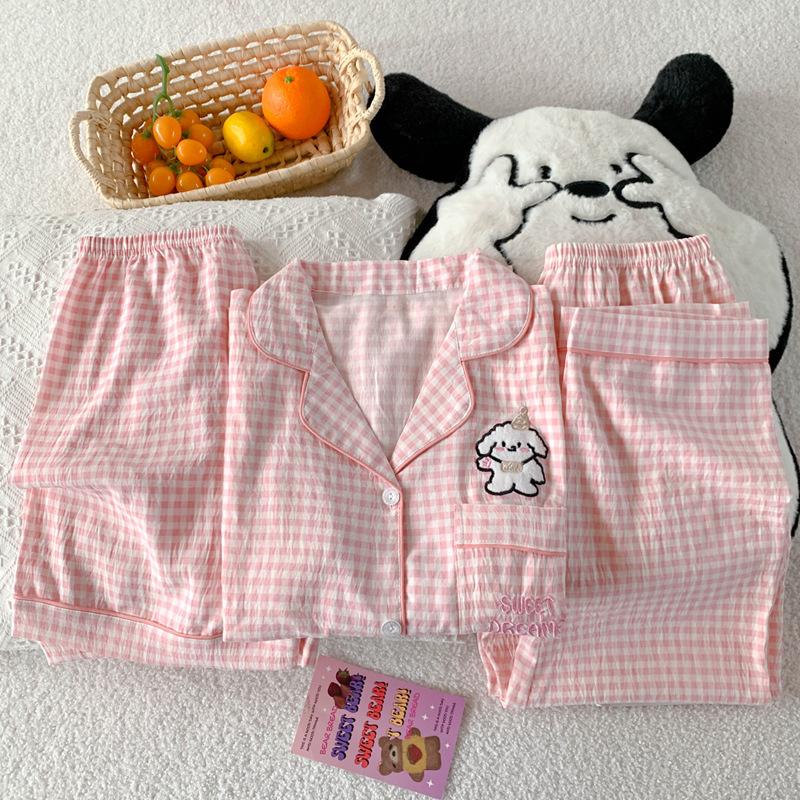 Line Puppy Cloud Cotton Pajamas Women'S Summer Short-Sleeved Three-Piece Set Sweet Plaid Thin Loungewear