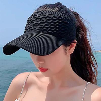 Fashion Folds Design Women Empty Top Visor Caps Summer Solid Color Large Brim Sun Hat Tennis Golf Running Travel Beach Sport