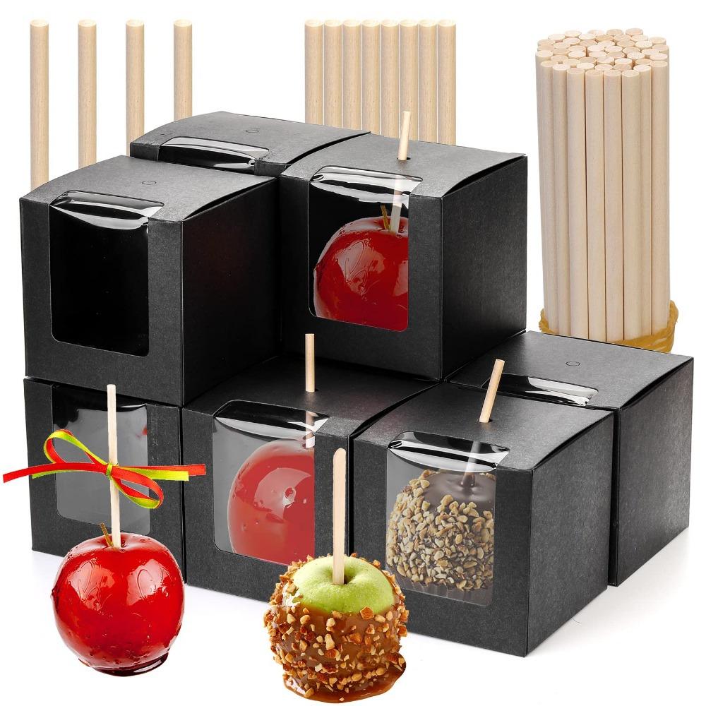 20pcs Black Treat Boxes with Transparent Window and Hole Paper Gift Box Square Gift Packing Box for Party Wedding Thanksgiving New Year's Dates