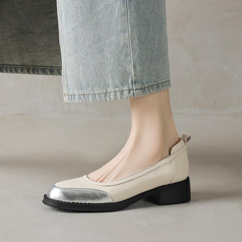 

Fashion 2025 New Spring Sheepskin Leather Woman Shoes Round Toe Med Heel Women Pumps Shallow Fashion Chunky Heels Ladies Shoes 40 белый