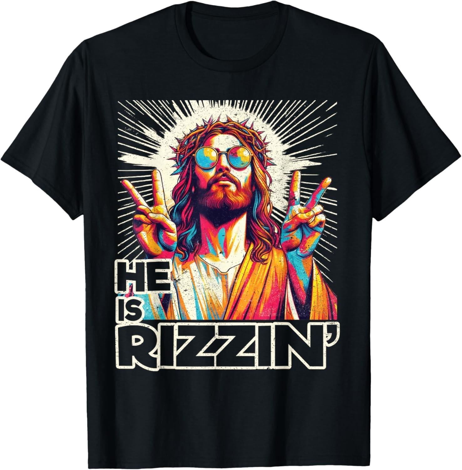 Retro He Is Rizzin Funny Jesus Has Rizzen Easter Christian T-Shirt Mens Womens Tees Top L