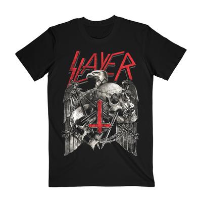 Grafické tričko Slayer s temnou tématikou – Červené logo a potisk lebky/orla jako anti-symbol Bavlněné oblečení pro fanoušky thrash metalu