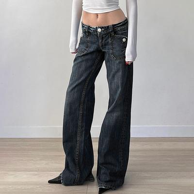Vintage Washed Jean Flare Pants Women Low Waist Zipper Pockets Casual Denim Trousers Female 2025 Spring Autumn Office Lady Trousers