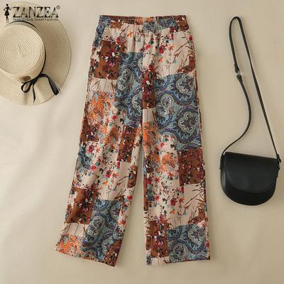 Women Casual Elastic Waist Loose Print Cotton Pants