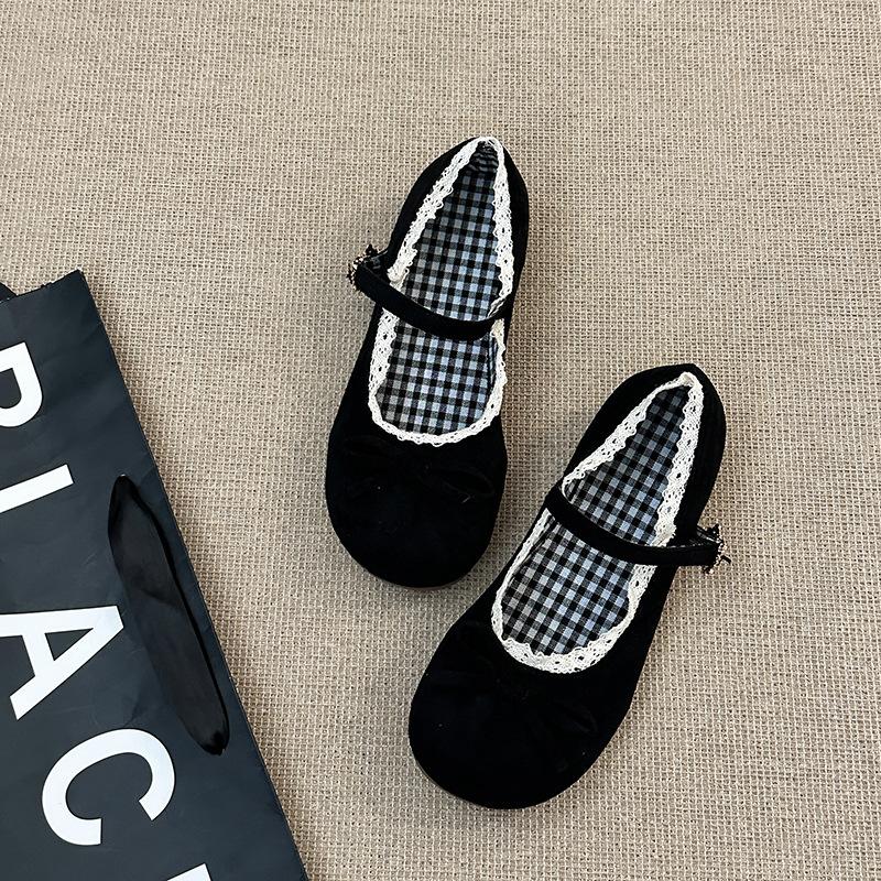 Fashion retro gentle bow Mary Jane single shoes women's 2025 summer new one-word buckle lace ballet shoes