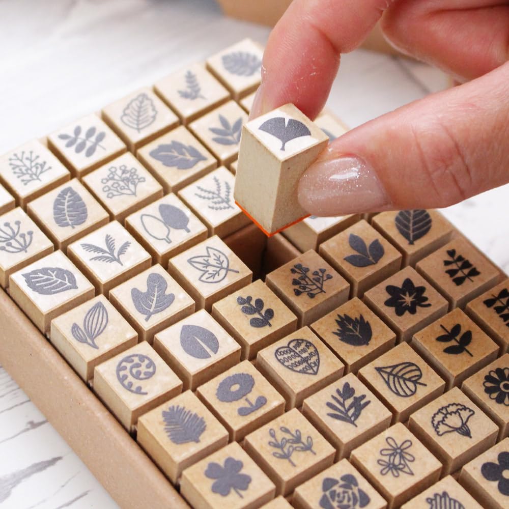 Cute Leaf Wooden Rubber Garden Made in Green Message Letter Flowers Stamps, Stamps, 54-Piece Set, Design, Japan, Eco-Friendly, Plants, Leaf,