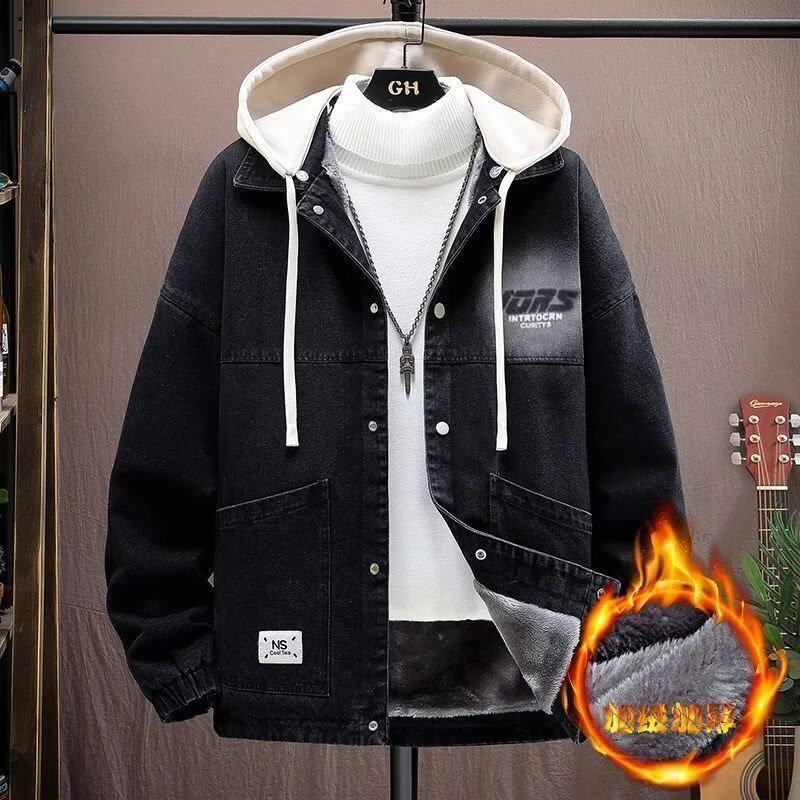 Versatile Men s Hooded Denim Jacket with Warm Fleece Lining - Trendy, Fashionable, Casual Style 4XL чёрный