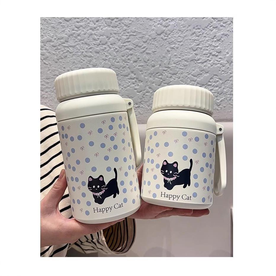 Cat Pattern Insulated Large Capacity Water Bottle With Leakproof Lid For Students And Commuters