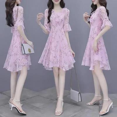 2022 Summer Floral Trumpet Sleeve Chiffon Dress - Women's Waist-Slimming, Age-Reducing Mid-Length Skirt