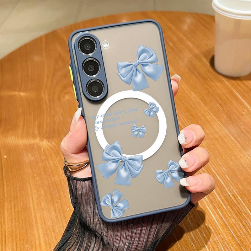 Bowknot Pattern Clear Magnetic Case For Samsung S25 S24 FE S23 Ultra S22 A56 A36 A15 A55 A35 Wireless Charge Shockproof Slim Matte Hone Cover