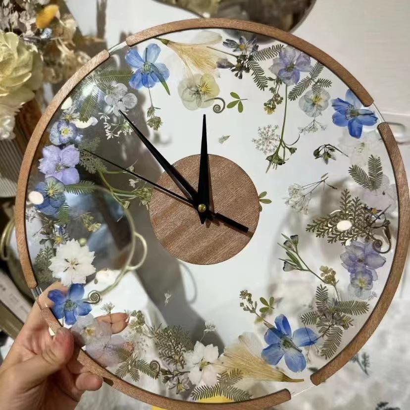 DIY Handmade Dried Flower Embossed Wall Clock with Wood Grain Border