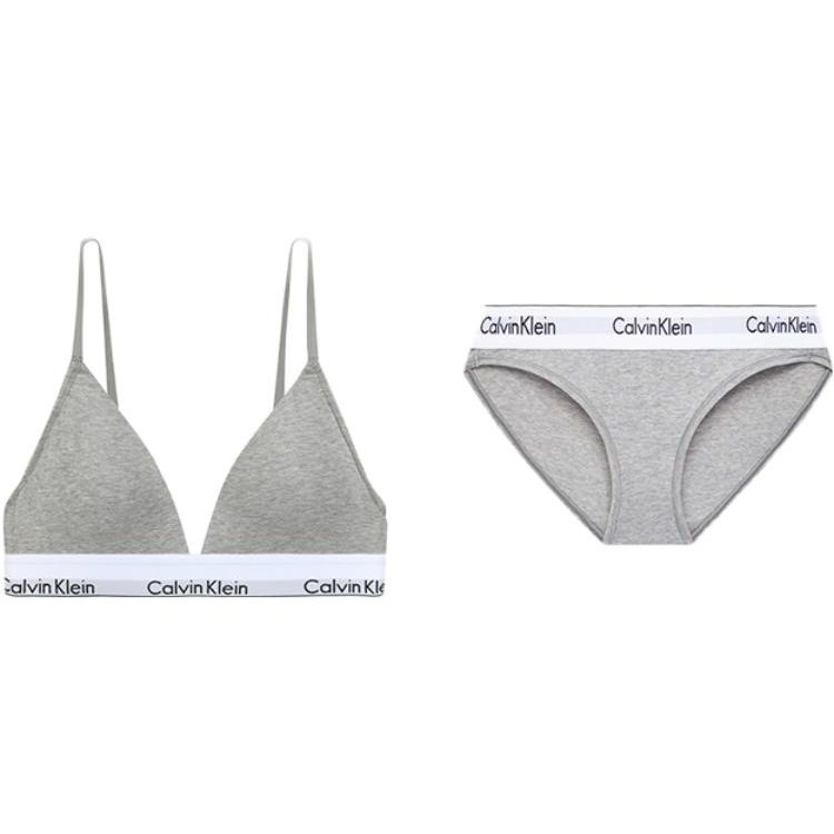 Calvin Klein Modern Attraction Letter Logo Print Wireless Triangle Cup Lingerie Set Women Underwear Gray QF5650-020+F3787AD-020