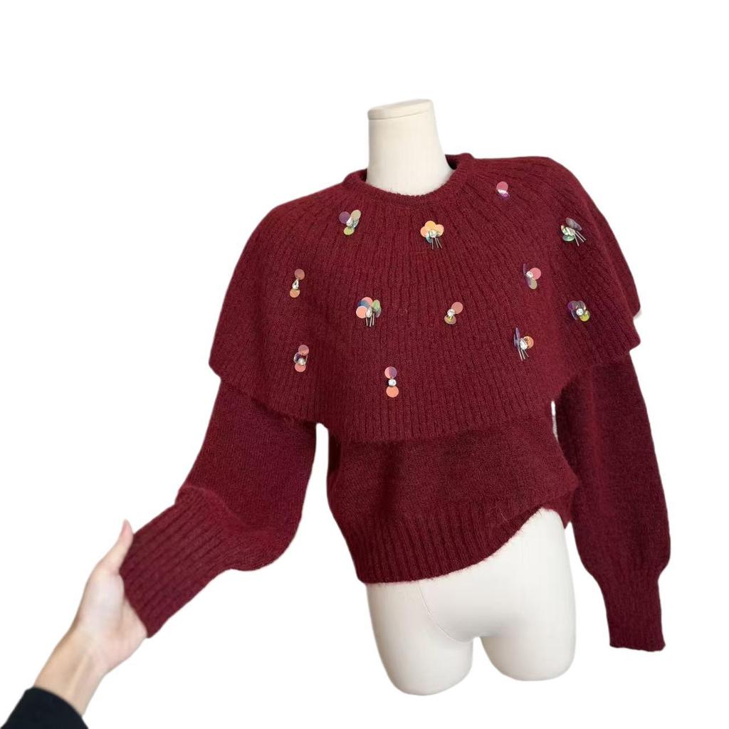 Women's Festive Knit Red Cloak Sweater & Shawl Two-Piece Set