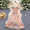 French Romantic Atmosphere Floral Suspender Dress Women's Summer Waist Thin Ruffle Hem Design Beautiful Long Dress
