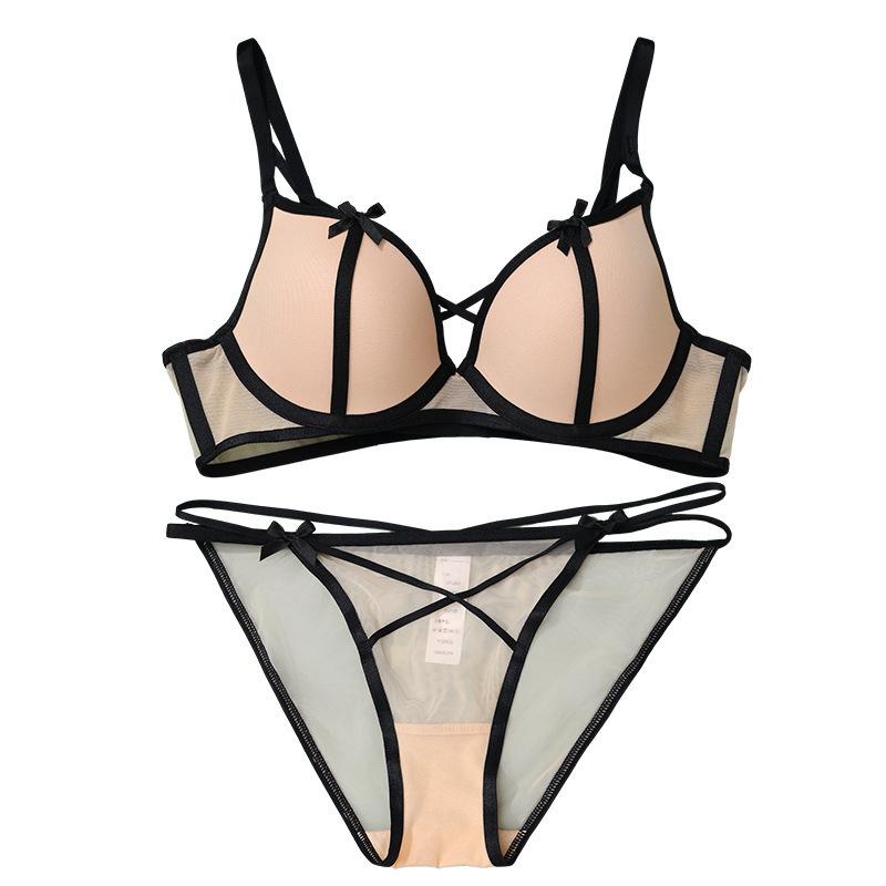 

French sexy underwear summer thin straps bow lace underwear small breasts gather anti-sagging bra 70B чорний