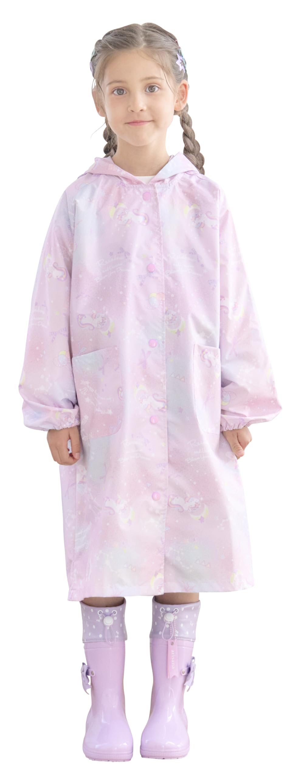 

[Arisana] Kids Raincoat, Schoolbag Compatible, Girls , Jewelry Pattern, Candy Pattern, with Storage Pouch, Unicorn Pink, 120cm