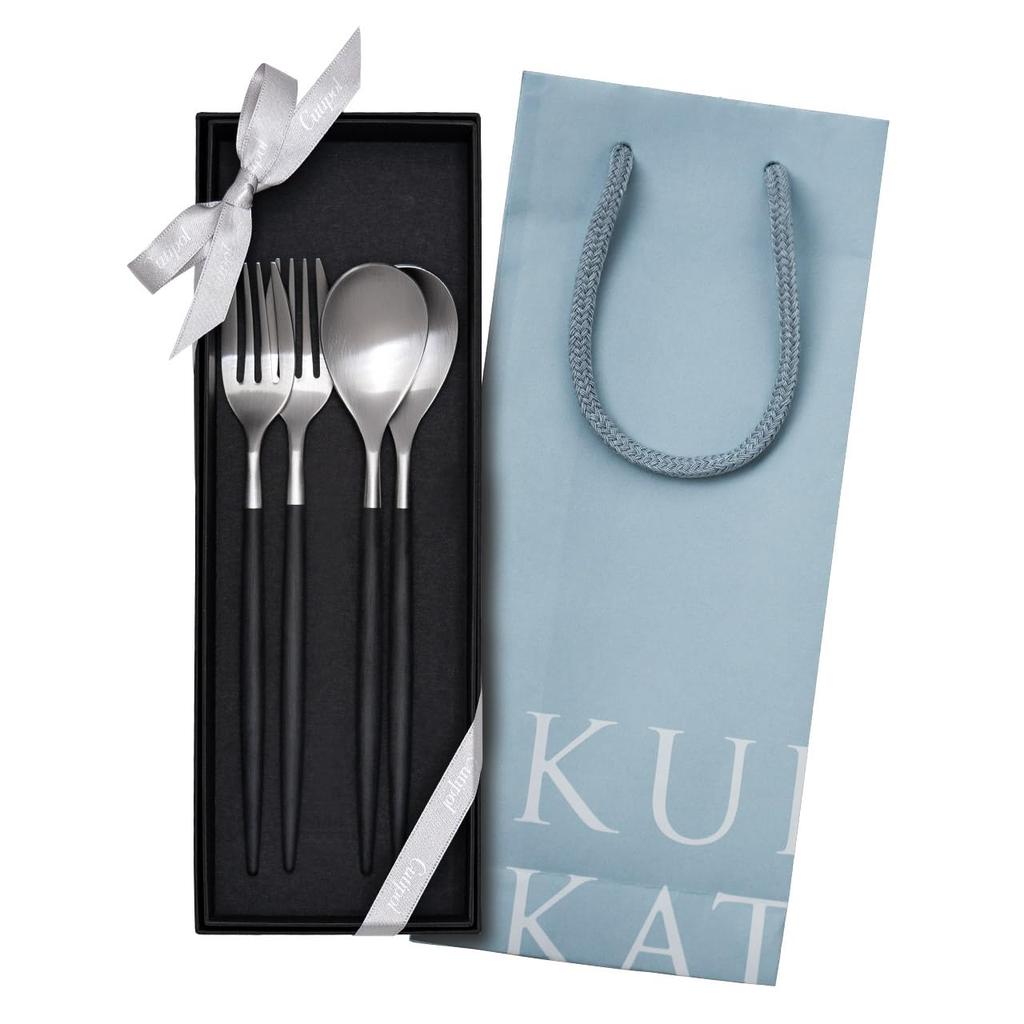 Genuine Cutipol MIO Silver Dessert forks and 2 gift set in presentation box with genuine ribbon and carrying perfect as a wedding gift Black/Matte (2