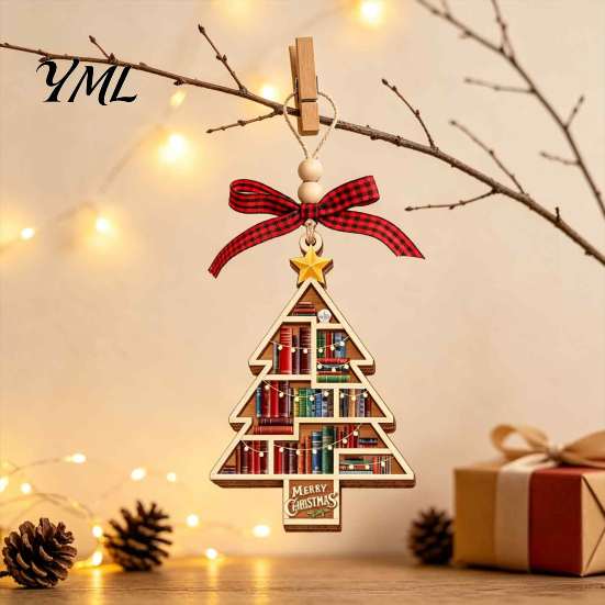 Wooden Book Tree Decoration Christmas Hollowed Pendant, Cross/Christmas Hanging Ornament, Decorative Bookish Pendant Plaid Bow Decor Craft for