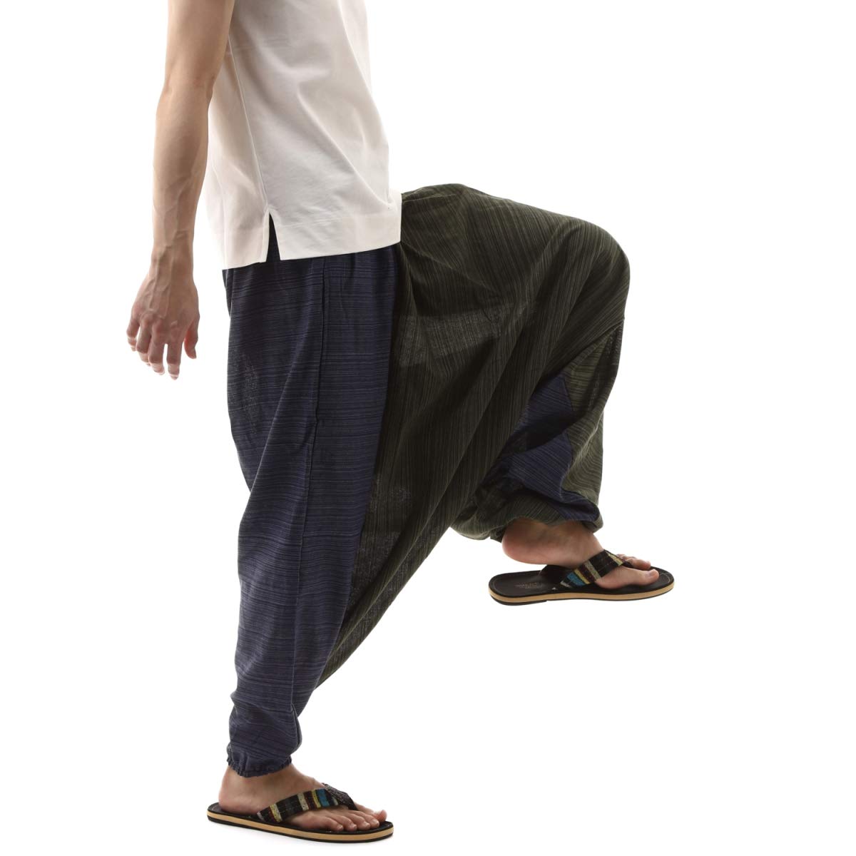 

[Okinawa Giken] Sarouel Pants, Aladdin Pants, Thai Pants, Men s, Women s, Unisex, Two-Tone Design (Khaki x Navy)