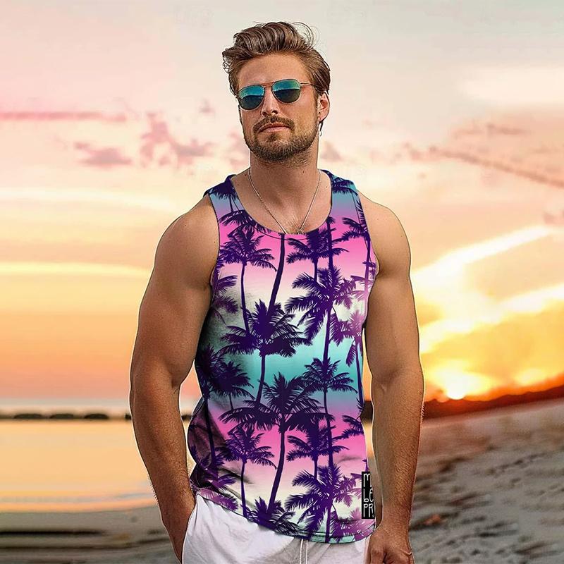 Vintage Letní 3D Potisk Listy Kokosové Stromy Grafika Pánská Móda Cool Streetwear Vesta Pohodlná Měkká Prodyšná Velká Velikost Vesta