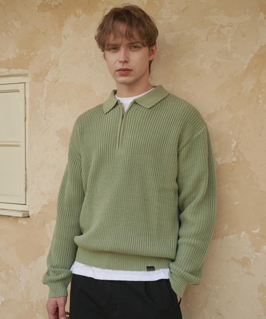ESN Punched Collar Neck Half-Zip Knit Olive