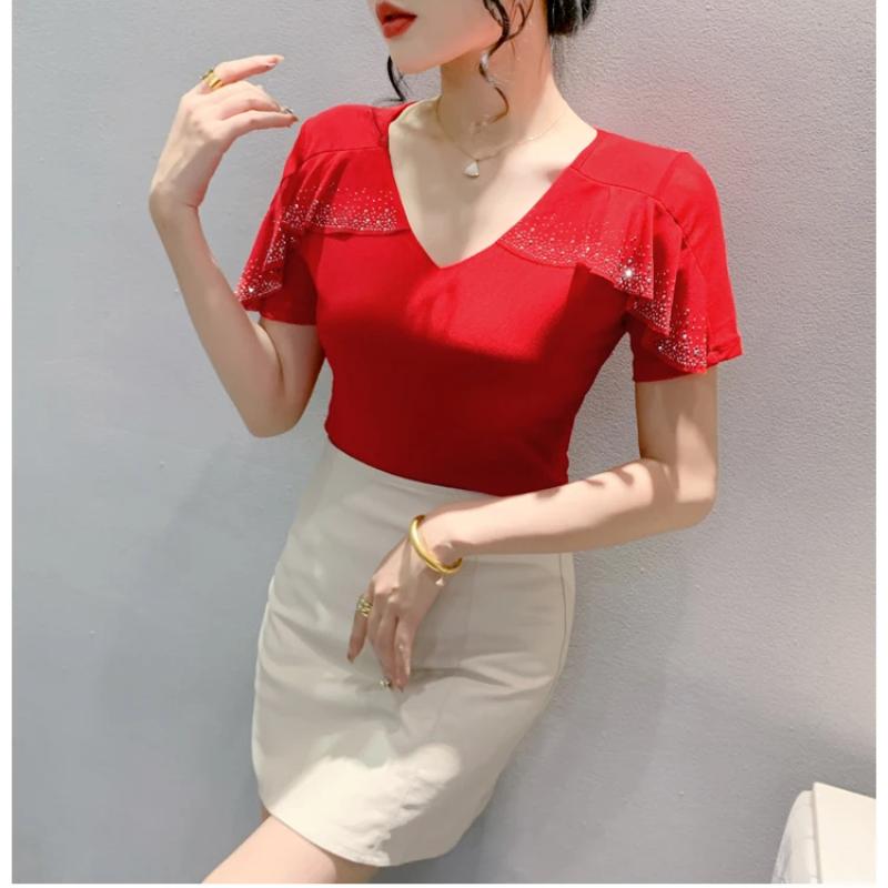 New Summer Streetwear Girl Chic Ruffled Hot Diamonds T-Shirt Fashion V-Neck Short Sleeve Mesh Tops Women's Tees Clothes Blouse