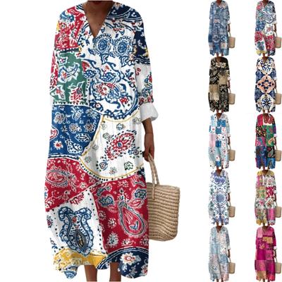 Γυναικείο Casual Μόδα Μακρύ Φόρεμα Μάξι με V Λαιμόκοψη και Μακρύ Μανίκι με Φλοράλ Μοτίβο