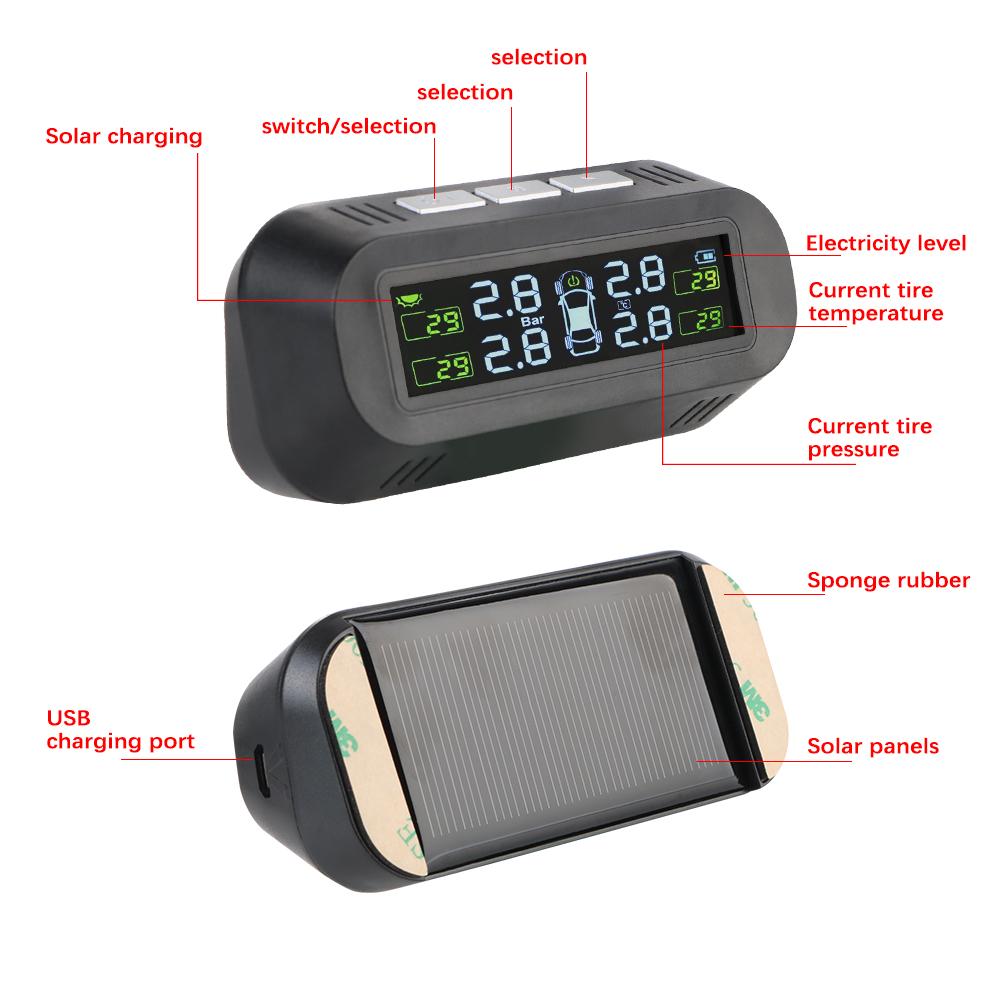 4 Exteral Sensors Solar TPMS Car Tire Pressure Monitoring System Digital LCD Display Auto Tyre Tester Security Alarm Accessories