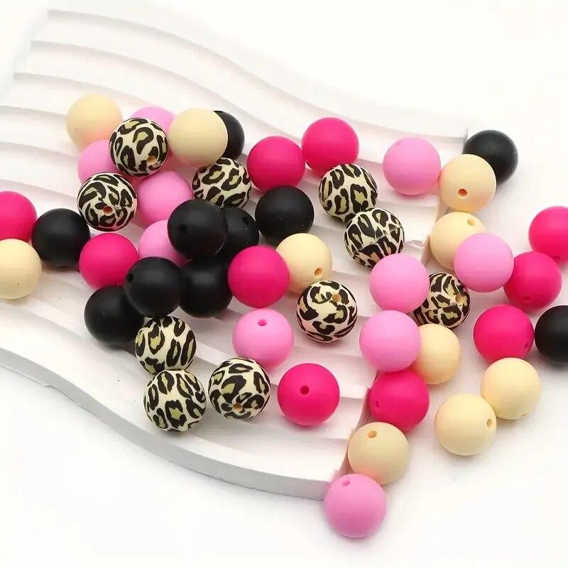 45 Stück 15mm Leopardenmuster Silikonperlen Runde Lose Perlen Für Schmuckherstellung DIY Anti-Drop Schlüsselanhänger Kette Armband Handgemacht