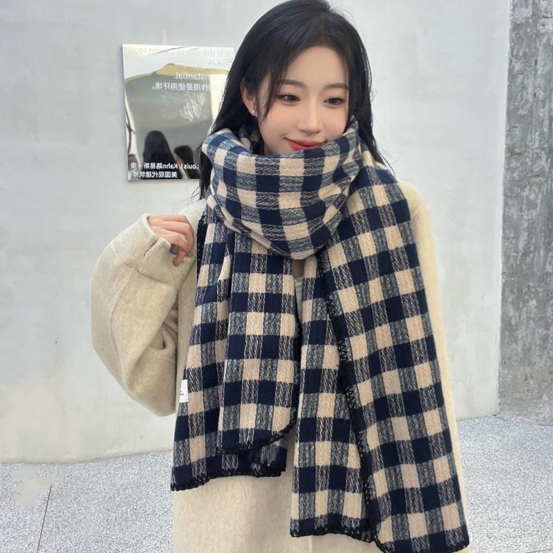 Retro Plaid Scarf Female Atmosphere Autumn and Winter Thickening Korean Senior Sense Student Warmth Couple Scarf Versatile