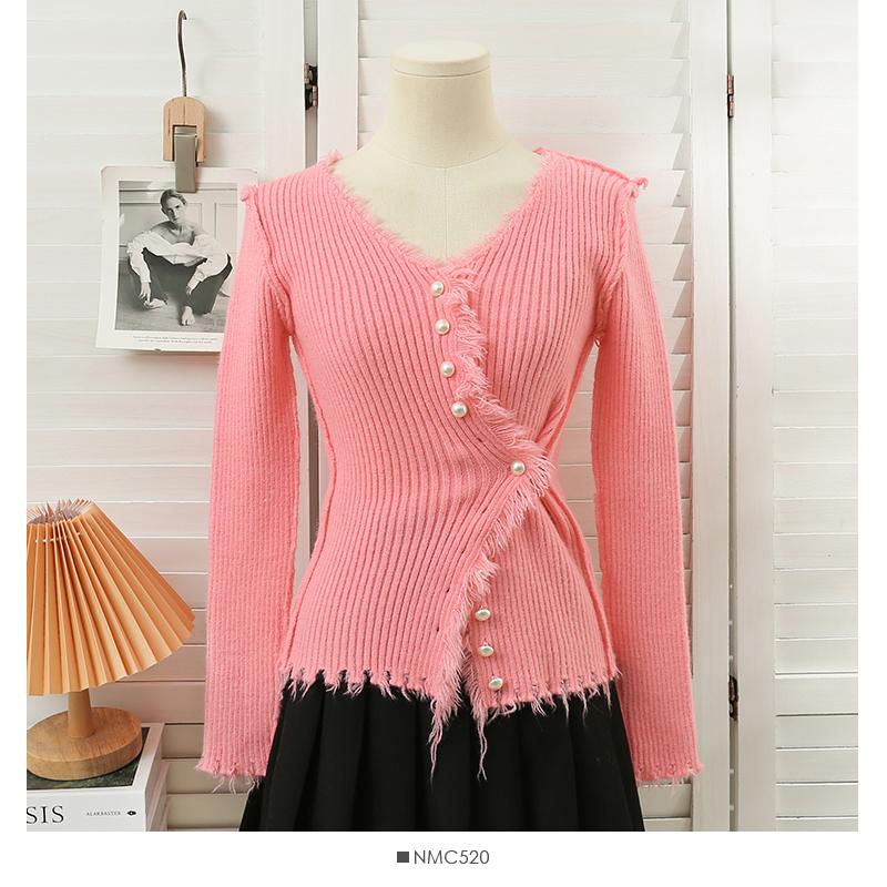 Early Autumn Korean Style V-neck Slim Fit Inner Layer Sweater with Base Women's Tassel Nail Bead Designknitted Cardigan Top