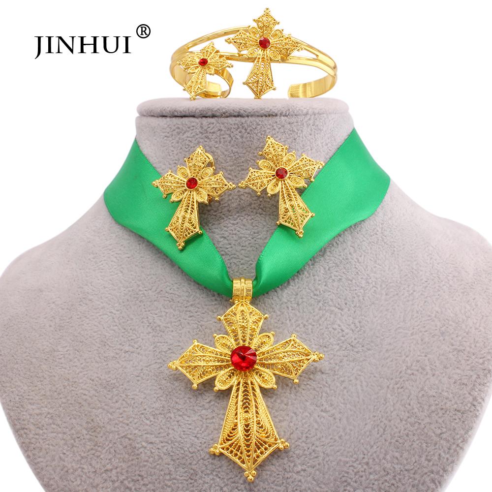 Ensemble de bijoux éthiopiens plaqués or, croix, pendentif, collier, boucles d'oreilles, bague, cadeaux de dubaï pour femmes, ensemble de mariée de mariage érythréen
