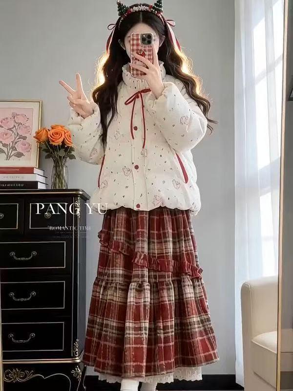 

Korean Style Rabbit Cotton Jacket and Red Plaid Skirt Winter Set for Women S
