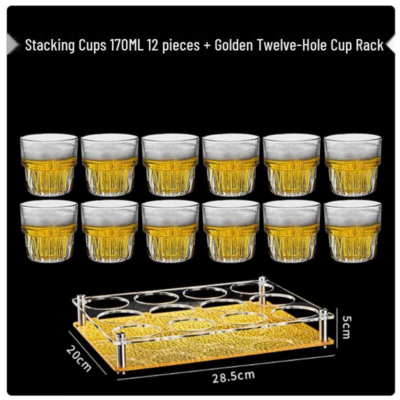 Langxi Stackable Glass Beer Mug Set with Gold Rack